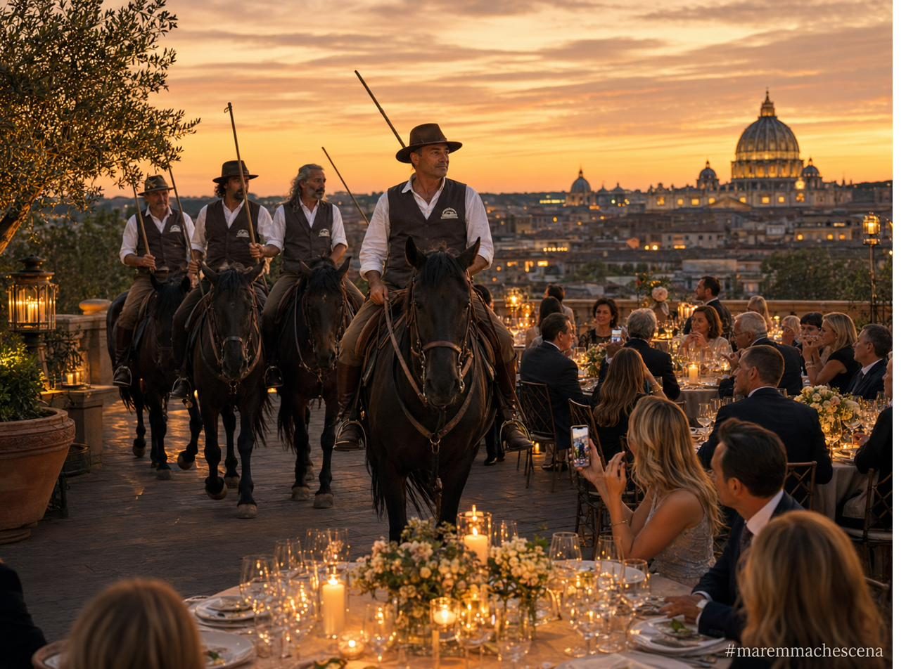 Butteri tra i tavoli durante un evento Maremma che Scena