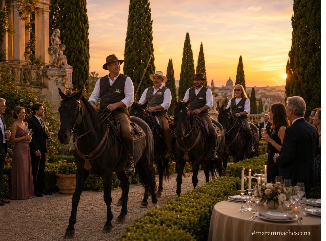 Butteri a cavallo tra gli invitati a un evento Maremma che Scena